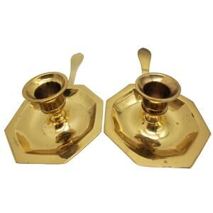 2 Brass Candlestick Holders Handle Tray 6" Vintage Chambersticks Candleholders